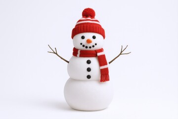 Fototapeta premium Festive Snowman Decoration Isolated on White Background Wearing a Red Hat and Scarf for Holiday Season