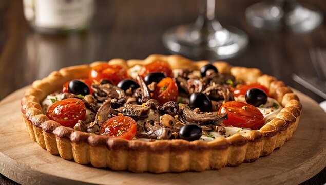Flatbread appetizer with cream, tomatoes, mushrooms, and olives