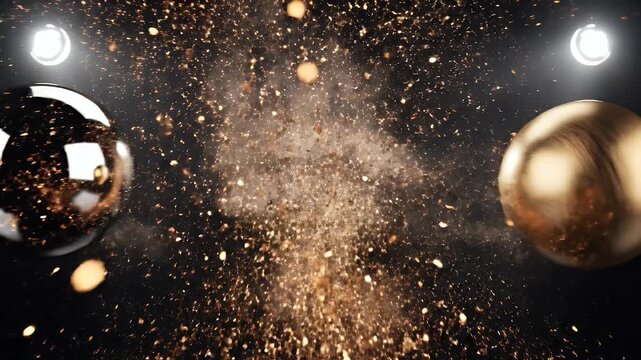 Two spheres, one chrome and one gold, explode with sparks and light