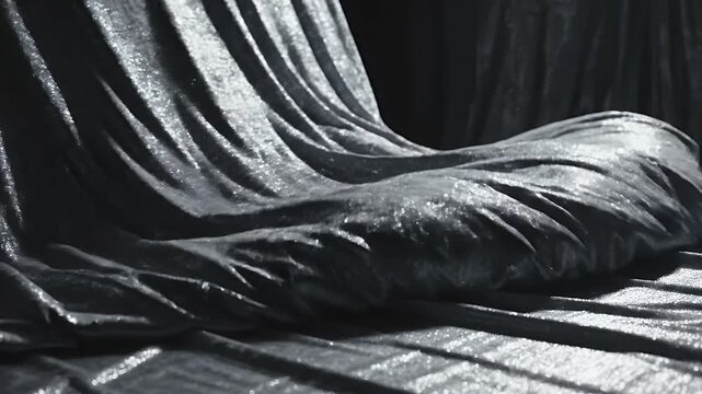 Gleaming fabric drapes cascade over a textured, ribbed surface in shadow
