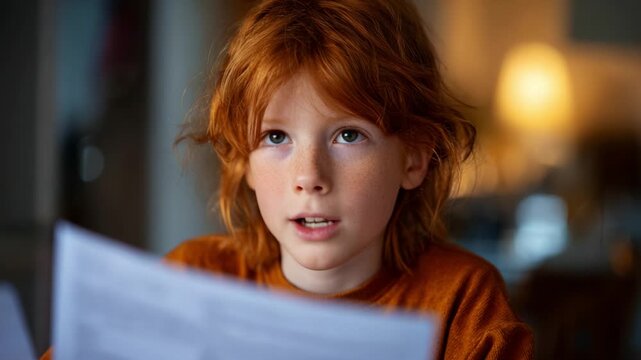 A young boy with vibrant red hair intently examines documents, showing focused expression and curiosity in a cozy, softly lit indoor environment.