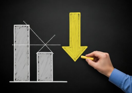 Hand drawing a downward arrow next to a bar graph on a blackboard, indicating decline