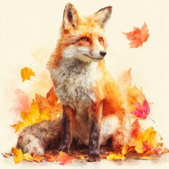 Naklejka premium Fox Sitting in Autumn Leaves With Warm Colors in a Wildlife Watercolor Illustration Showcasing Soft Brushstroke Texture and a Vibrant Background
