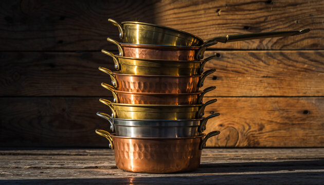 Couture Still Life Featuring Symmetrical Brass Pots and Textured Copper Vessels