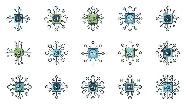 Set of stylized computer chip icons with circuit board elements.