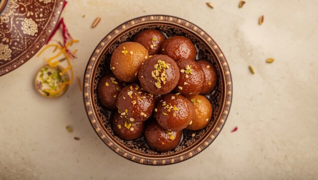 Gulab Jamun, an Indian dessert, in a round bowl
