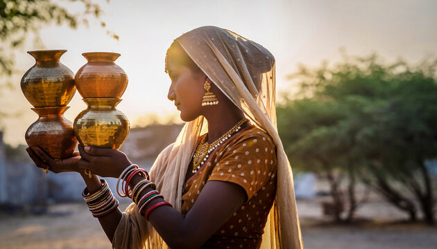 High-Resolution Side Profile of a Rajasthani Woman Balancing Stacked Brass Ghagars