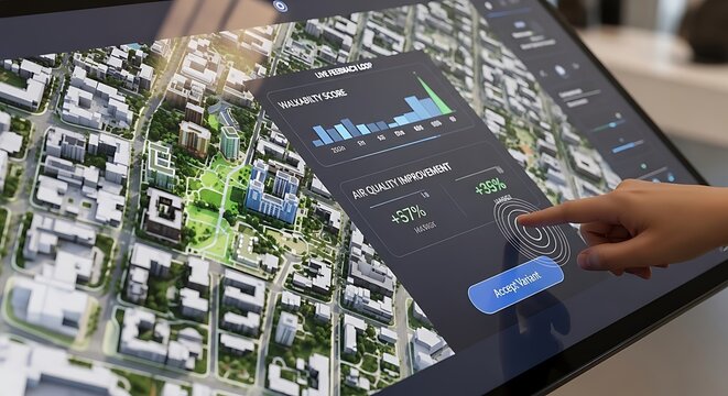 Hand interacts with a large touchscreen displaying a detailed aerial view of a city, with data visualizations and charts overlaid.