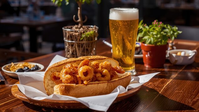 squid sandwich with beer, a popular Madrid tapas