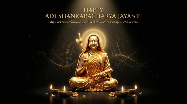 Golden statue of meditating sage adi shankaracharya surrounded by candles and warm light on black background with spiritual text celebrating adi shankaracharya jayanti festival in hinduism