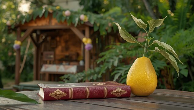 Hebrew scripture beside a sukkah and an etrog
