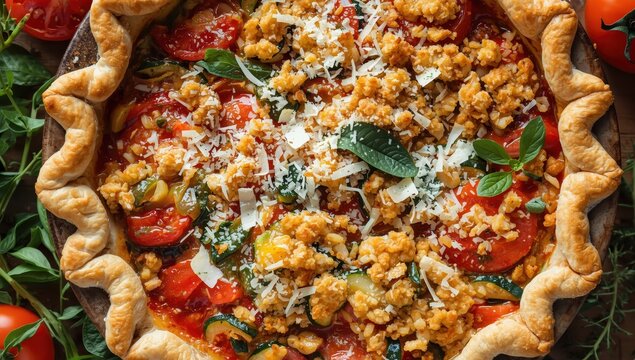 Herb-infused tomato crumble topped with grated parmesan