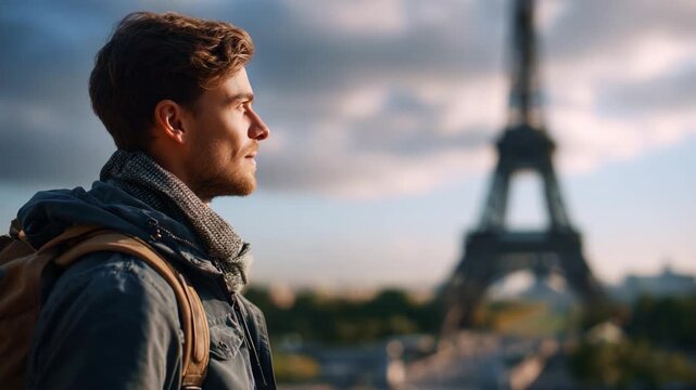 Contemplative Traveler Gazes at Iconic Landmark with a Sense of Wonder, Capturing the Essence of Exploration and Adventure in a Beautiful Setting.