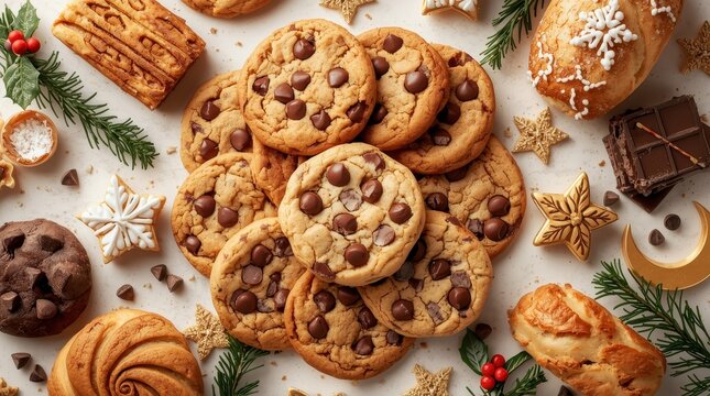 Chocolate chip cookies are popular during Christmas and Eid celebrations on a white background