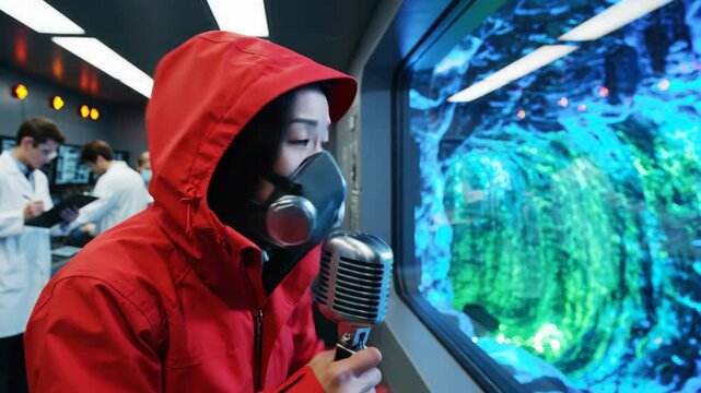 Person in Red Jacket Speaking into Microphone and Pointing at Bold Glass Visualization