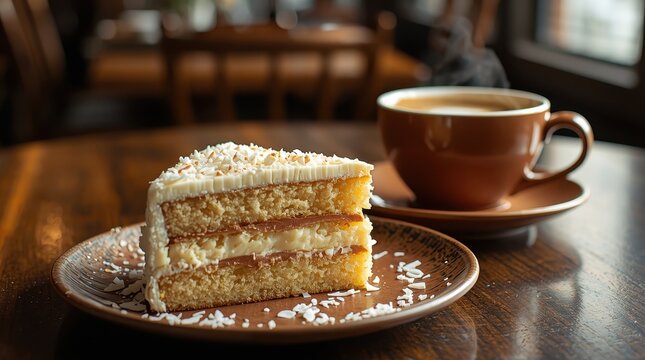 A slice of "Raffaello" cake on a brown dish