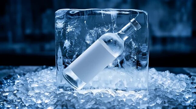 Clear beverage bottle encased in ice cube, chilling on crushed, refreshing drink presentation, cool frozen cold.