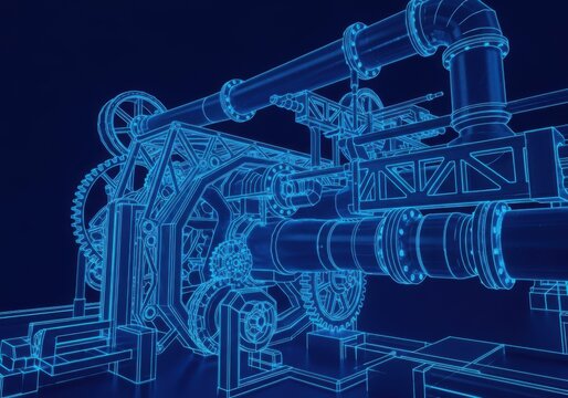 Detailed blueprint wireframe of a complex industrial steampunk engine with gears and pipes in blue neon