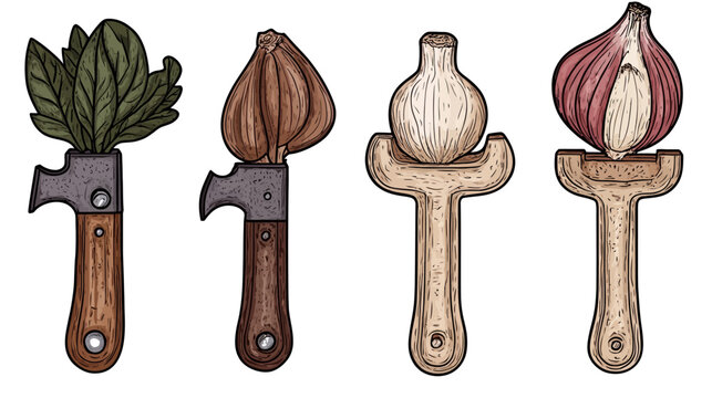 Hand-drawn illustrations of culinary tools, including a can opener, garlic holder, and plant-holding tools