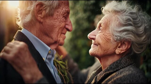 A tender and intimate moment between an elderly couple their faces close in a loving embrace showcasing enduring romance and decades of shared history bathed in golden light