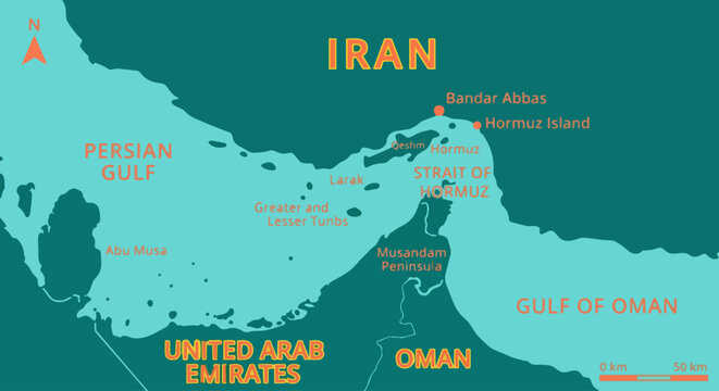 Strait of Hormuz Detailed Political Map with Cities and Islands Labels, Persian Gulf to Gulf of Oman Geographic Vector Illustration