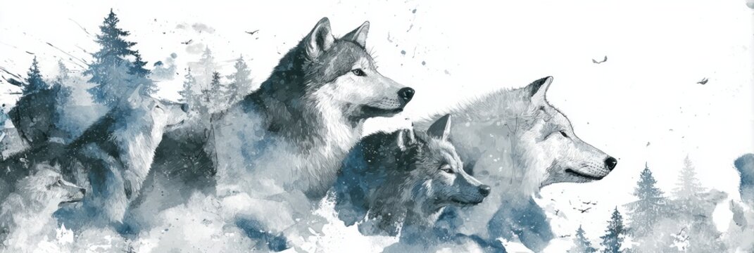 Pack of Wolves in Snowy Landscape With a Silver and Grey Watercolor Style Featuring Alert Poses and a Forest Background