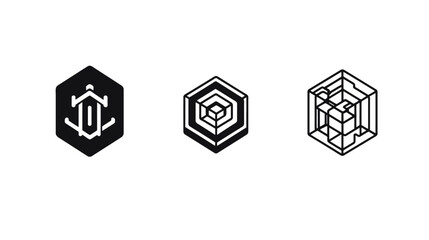 Fototapeta premium Three minimalist logos in black and white on a clean background. Geometric shapes create a cohesive series