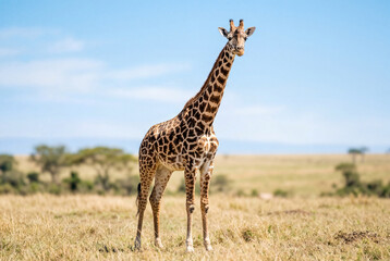 Obraz premium Giraffe standing in a grassy savanna under a clear blue sky