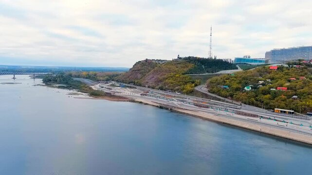 Ufa, Russia. Square named after Salavat Yulaev. Embankment of the Belaya River. Central part of the city. Drone footage