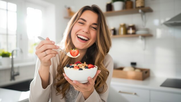 Joyful young lady holding a bowl of delicious yogurt in the kitchen
