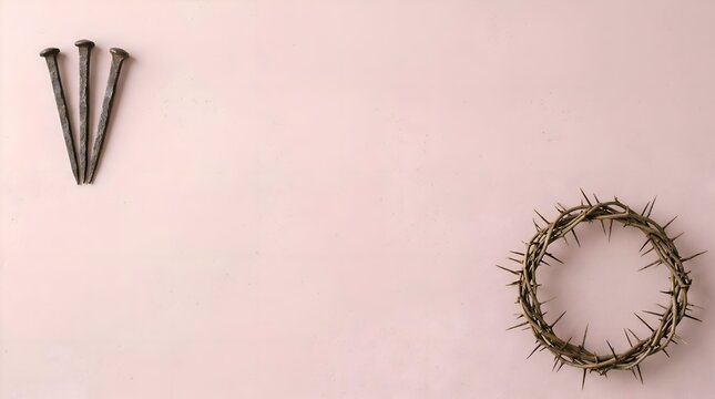 Crown of Thorns and Nails on Pink Background Representing Easter and Christian Faith.