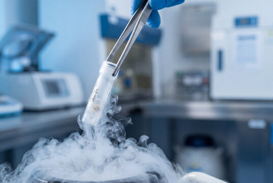 Gloved hand using tweezers to hold a frozen vial emitting cold vapor over a liquid nitrogen tank