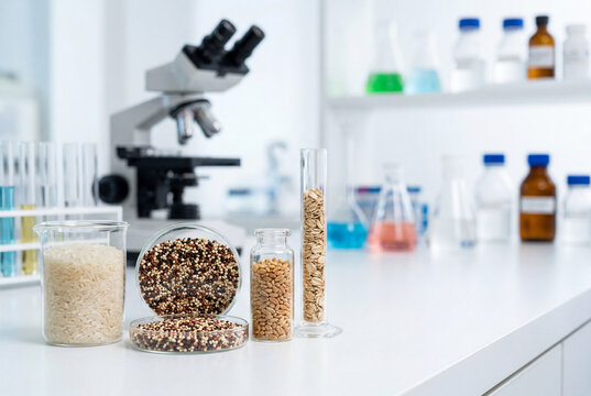 Laboratory glassware containing various grains and cereals on a white table with a microscope