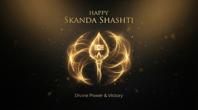 Golden glowing symbol of divine power and victory with radiant sparks celebrating skanda shasti festival on a dark background