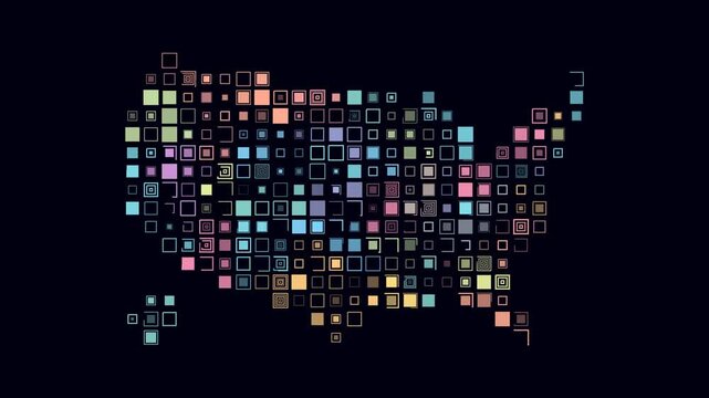 United States animated country shape. Pulsating colored dots on the map of the country. Large size square blocks. Digital style United States map on dark background. Creative animation video.