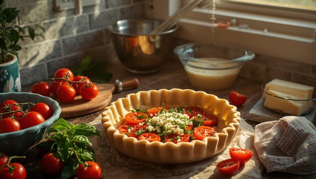 Making French quiche. Ingredients: pie, cheese, basil, cherry tomatoes