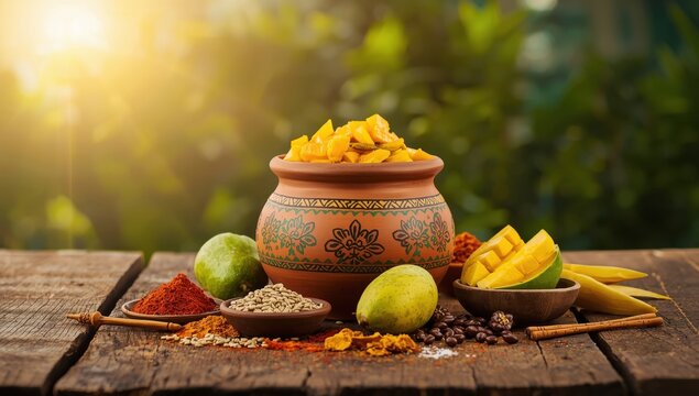 Mango pickle or aam ka achar Kairi Loncha kept in clay pot with ingredients