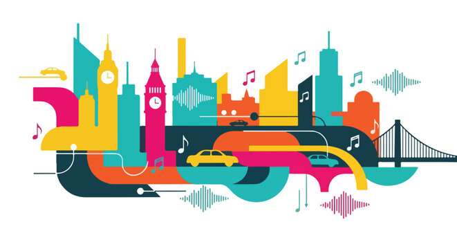 Colorful illustrated cityscape featuring music notes, buildings, and cars