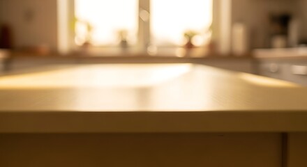 Fototapeta premium Golden hour illumination enhances a blurred kitchen space with countertop