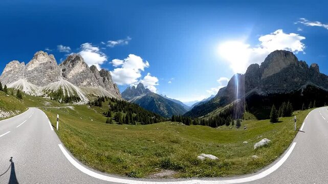 Majestic Mountain Road and Summer Landscape under a Sunny Sky with 360 Panorama View of the Alps