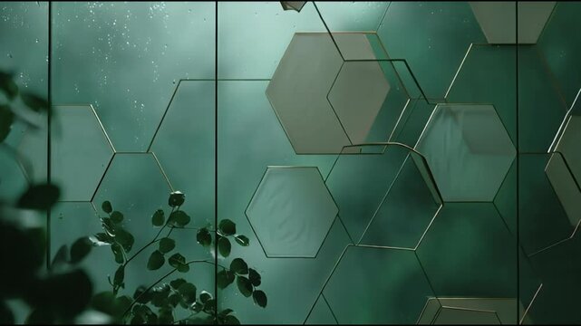 Abstract geometric background with green and gold hexagonal tiles accented by a leafy branch creating a modern luxurious and nature-inspired aesthetic for design projects