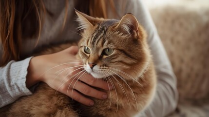 Fototapeta premium Cuddly cat with owner home setting pet photography cozy environment close-up view feline companionship