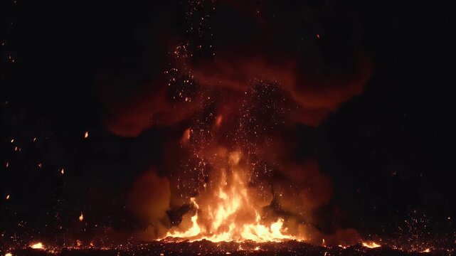 Intense fiery explosion erupting with glowing embers and smoke against black