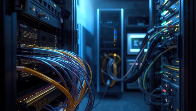 Optical cables linked to optic ports and network cables linked to Ethernet ports