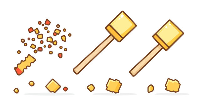 Cartoon illustration of yellow objects, shapes, and tools on a white background. Isolated
