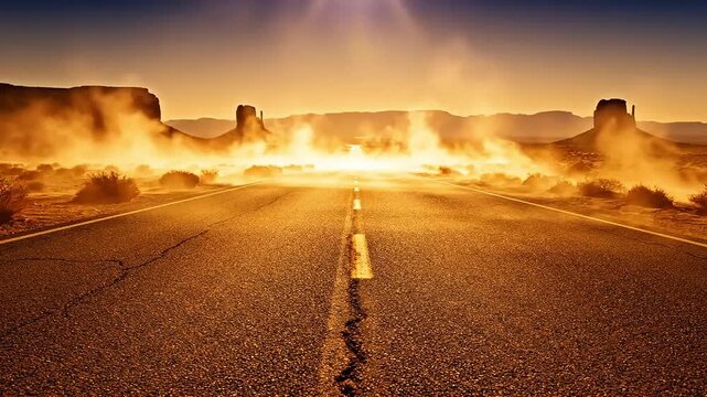 Cinematic Long Desert Highway Road at Sunset with Heat Haze and Mountain Landscape in Summer Nature