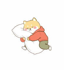 Fototapeta premium Adorable cartoon Shiba Inu dog in a red hoodie and green pants, peacefully sleeping and hugging a soft white pillow on a plain background.