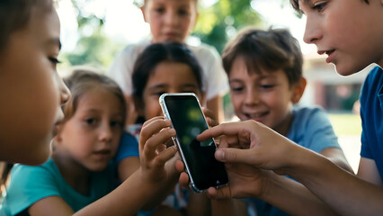 Fototapeta premium Curious children gather, focused on a smartphone, sharing in the fascination of digital technology in a park setting, fostering unity and exploration. 