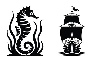 Nautical seahorse and sailing ship silhouette vector icons © Sadek