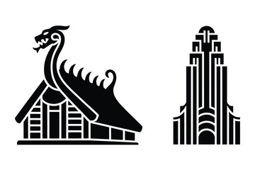Fototapeta premium Viking longhouse and art deco skyscraper silhouette vector icons